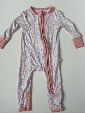 Posh Peanut White and Pink Floral Zip-Front Footie Pajamas